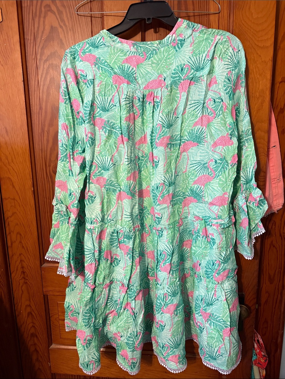 Kenny Flowers Mint Green & Pink Flamingo Fringe V-Neck Mini Dress - Picture 3 of 3